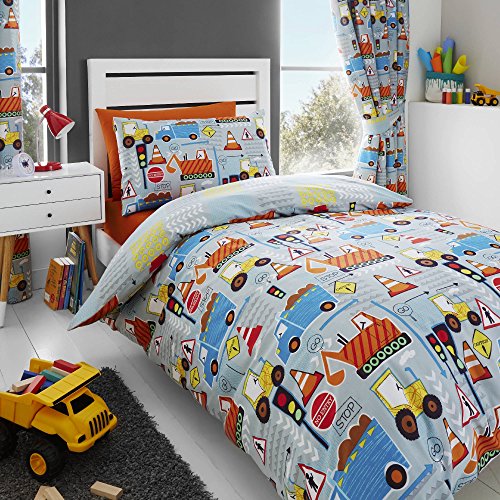 Happy Linen Co - Jungen Bettwäsche-Set - mit Baustellenfahrzeugen - Grau - Einzelbett