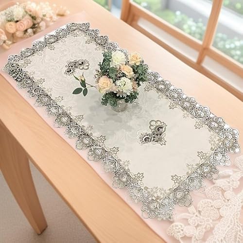 Pumixiy Couchtisch-Bettwäsche-Se t: Rechteckiger Tischläufer aus eleganter hohler Spitze, Schreibtischschutztuch und Sideboard-Tischdecke, Sand, Kamelgrau oder Reinweiß (70 x 130 cm)