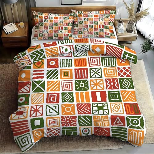 Bettwäsche 200x220 Geometrische Muster Wende Motiv 3tlg, Schlafzimmer Deko, Rot-grün kariert Bettbezug und 2 Kissenbezug 80x80, Weiche Mikrofaser Deckenbezug mit Reißverschluss GF1223
