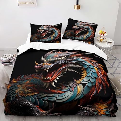 FUHAOLI Bettwäsche 155x220cm?Orientalischer Drache Bettbezüge Kissenbezügen 80×80 cm Mikrofaser Bettbezug,3 teilig,AI 3D Druck Lustig und bunt Bettbezug,mit Reißverschluss#FD6