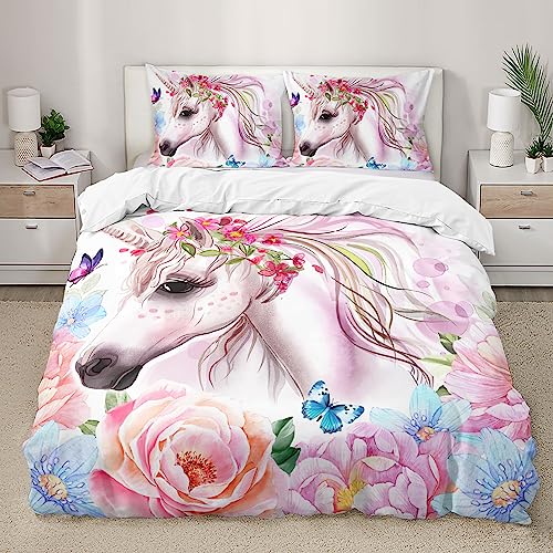 HOTRCR 3D Gedruckt Einhorn Bettwäsche, Bunte Bettwäsche Set Geeignet für Kinder/Mädchen/Erwachsen e bettwäsche 135 * 200cm,80 * 80cm*1 EFBTTAK005
