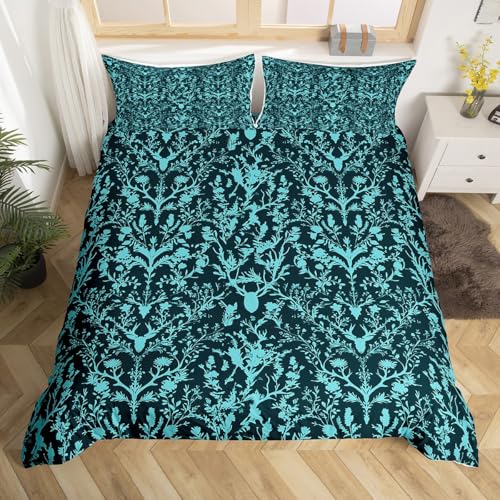Homewish Damask Gothic Bettwäsche Viktorianisch Bohemian Bettbezug 135x200 Türkis Bohemian Bedding Raumdekor Vintage Blumen REH für Kinder und Teenager Erwachsene Bettwäsche Set 1 Kissenbezug