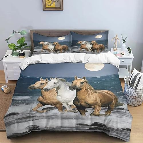 MDKLXIDF Bettwäsche 155x220 Pferd 3 Teilig Atmungsaktive Bettbezug mit Reißverschluss, Weich Mikrofaser Bettwäsche-Sets für Kinder - 1 Bettbezüge und 2 Kissenbezug 80x80cm
