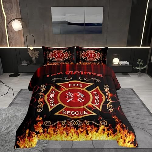 Castle Fairy Feuerwehrmann-Bettwäsche -Set für Jungen, King-Size-Größe, Feuerwehr, Rettungsdecke, Wabenmuster, brennende Flamme, Bettdecken-Set, 3-teilig, 1 Bettdecken-Set mit 2 Kissenbezügen