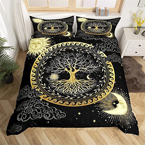 feelingyou Baum des Lebens Bettwäsche-Set,Sonne und Mond Boho Bettwäsche Set 135x200cm,Exotische Pflanzengeometrie Betten Set für Kinder Jungen Mädchen Teenager 2St.Reißverschluss Mikrofaser