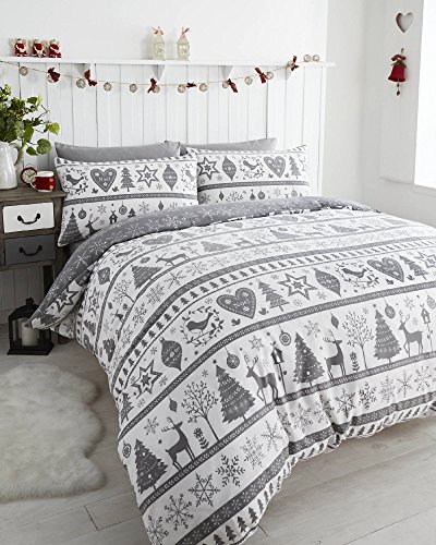 Noel Quilt Bettbezug und Kissenbezüge Bettwäsche-Set, 2 Stücke, Weihnachten Bäume, Grau, Single