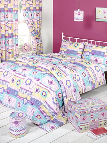  Doppelbett Bettwäsche Flickwerk Blumen karierter Druck Bettbezug gelb rosa Mädchen