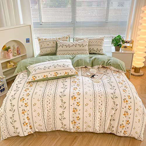 Yaofeiou Blüten Bettwäsche 135x200 Gelb Grün Blumen Blätter Muster Bettwäsche Damen Mädchen Bettwäsche Baumwolle Streifen Muster Blumen Bettbezug Wendebettwäsche mit 1 Kissenbezug 80x80
