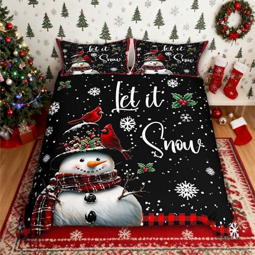 Winter-Schneemann-Bettwä sche-Set, King-Size-Größe, 3-teilig, für Kinder, Mädchen, Jungen, Erwachsene, Zimmerdekoration, rot schwarz kariert, Bettdeckenbezug, Nordkardinal-Steppbezug, 2 Kissenbezüge