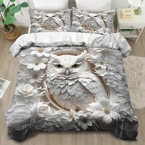 YZQGLHP Bettbezüge 135x200 Eule Bettwaesche WeißE Blumen Bettbezug Mikrofaser 3teilig Bettwäsche Weich Atmungsaktiv und 2 Kissenbezüge 80x80 cm mit Reißverschluss