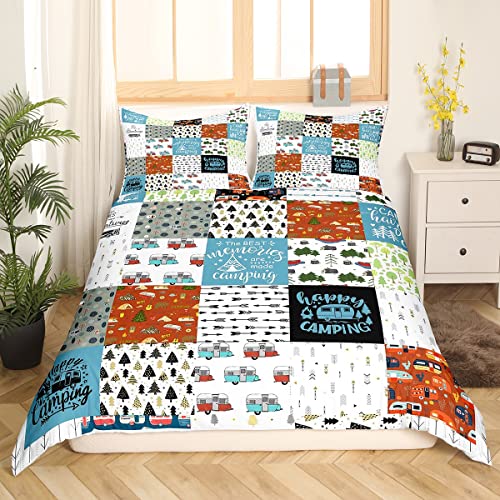 Kinder Camper Auto Bettwäsche Set Happy Camping Bettbezug für Jungen Mädchen 135 x 200 geometrisches Gitter Pfeil Camper Bettbezug rustikal Wald Reise Auto Bettbezug weich leicht bunt