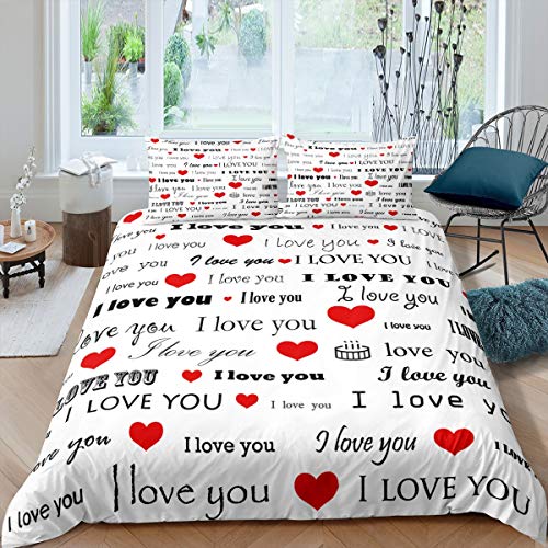 Loussiesd I Love You Drucken Bettwäscheset Ich Liebe Dich Briefe Bettbezugset Liebesbrief rot Herz Bettwäsche 135x200cm Weiß schwarz Polyesterbetten Set für Liebhaber Paare Valentinstag