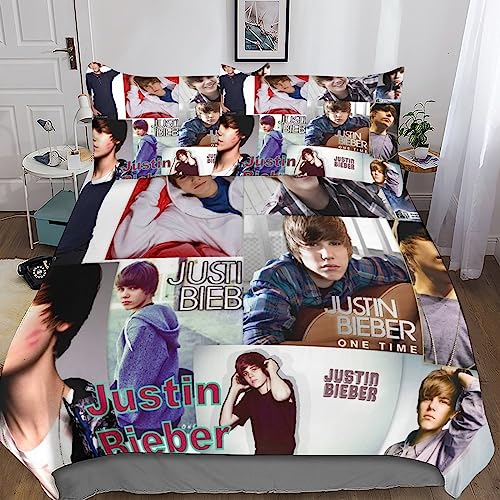 YINGD Justin-Bieber 3D-bedrucktes Bettbezug-Bettwäsche-Set , Mikrofaser-Reißverschlus s mit Kissenbezügen, für Jungen, Mädchen und Erwachsene, 220 x 240 cm
