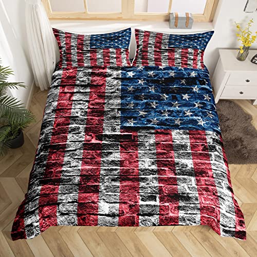 Bettwäsche-Set mit amerikanischer Flagge,135 x 200 cm,Retro-Rot und Blau, USA-Flaggen-Druck, Bettbezug für Jungen,Teenager,Zimmerdek oration,Bauernhaus,Backst einmauer-Hintergrund,Bett wäsche-Set