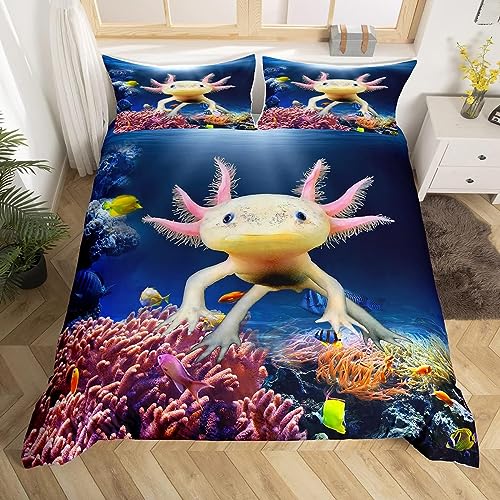 Manfei Nette Axolotl Bettbezug Set S Größe, Fisch Meeresleben Bettwäsche Set für Kinder Teens Mädchen Zimmer Dekor, Cartoon Tier Thema Tröster Abdeckung Sea Blue Quilt Cover mit 1 Kissenbezug