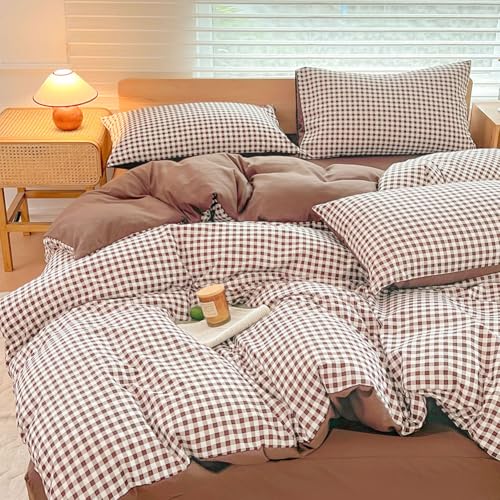Bettwäsche 155x220 Set,Mokka Kariert,Landhaus Karo 8mm, Geometrisch 155x220cm Bettbezug + 2 Kissenbezüge 80x80cm,Bauernkaro Design
