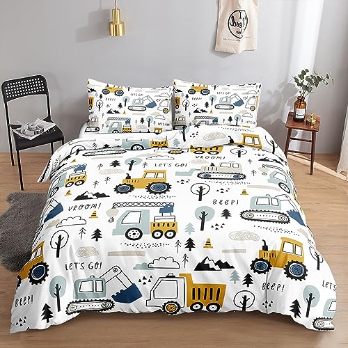 HOSIMA Bettbezug-Set für Jungen und Kinder, Baufahrzeuge, Cartoon-Ausrüstung, Lastwagen, Bagger, Druck, Bettbezug mit 2 Kissenbezügen (Baufahrzeuge2 S)
