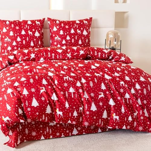 Cotton Market Bettwäsche Weihnachten Set 155 x 200 cm Wintermotiv Rentiere Tannenbäume Bettbezug mit 2 Kissenbezügen 70 x 80 cm Microfaser Weihnachtsrot Mit Reißverschluss Kuschelig Pflegeleicht