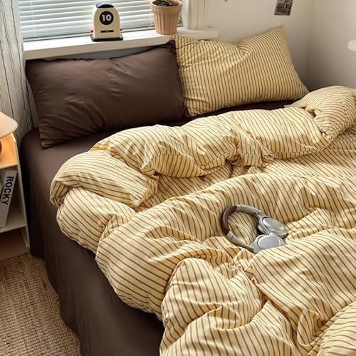 Nyescasa Bettwäsche 135x200 Gelb Braun Gestreift Bettwäsche-Set Mädchen Frauen Wendebettwäsche Weiche Mikrofaser ÖKO-TEX Renforce Streifen Bettbezug mit Reißverschluss und Kissenbezug 80x80cm