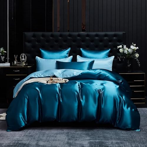 Gezu Bettwäsche Satin 135x200cm 2Teilig Blau Hellblau Silky Touch Einfarbig Bettbezug Seide Glatt Luxus Bettwäsche Glanzsatin Muster Einzelbett Bettbezug mit Reissverschluss und 1 Kissenbezug 80x80cm