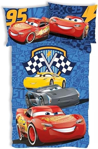 Disney Cars Track Stars Kinderbettwäsche-Set | Junior-Bettbezug 100x135 cm mit Kissenbezug 40x60 cm, 100% Baumwolle | Flash Lightning McQueen Bettwäsche-Set für Kleinkinder