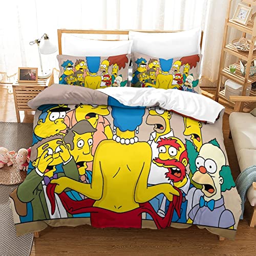 YINGD The Simpsons Bettbezug-Set, 3D-Digitaldruck, dreiteilige Bettwäsche, Anime-Charaktere, Bettdeckenbezug, leicht, 1 x Kissenbezug, 2-teilig (140 x 200 cm)