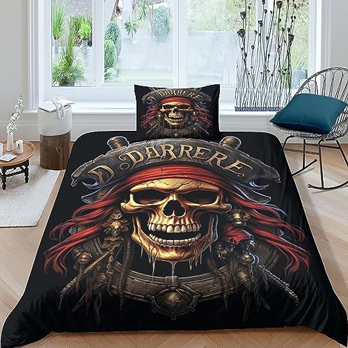 AYSUM 135x200cm Pirate Skull Bettwäsche Set gotischer Stil, Skeleton bettbezug Mit Zip-Verschluss, Kapitän der Piraten bettwäsche Totenkopf 135 200 Single