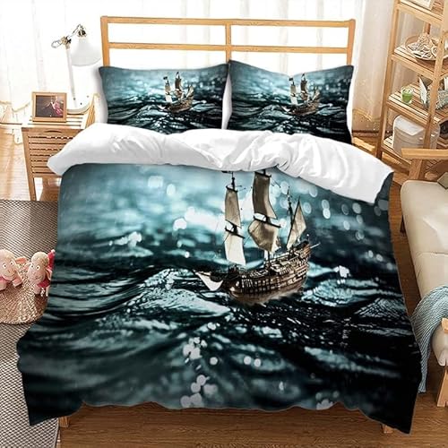 Antikes Segelboot Bettwäsche 155x220 Maritimes Abenteuer Bettwäsche-Sets für Kinder Jungen Bettbezug Set 3D Druck Bettbezüge Weiche Mikrofaser mit Reißveschluss und 2 Kissenbezüge L.94
