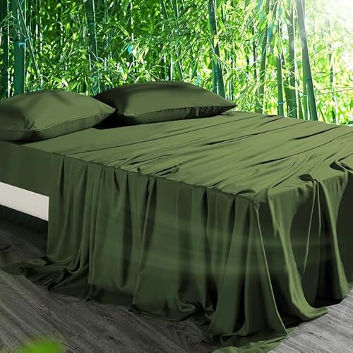 Gezu Spannbettlaken 200x200cm Grün Olivgrün Betttuch Atmungsaktive Hypoallergen Bambus Bettlaken 200x200 Spannbettlaken Sommer Kühlend für Hohe Matratze bis15-30cm,100% Bambus Lyocell Tencel