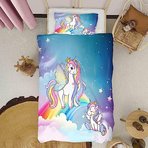 HOTRCR 3D Gedruckt Einhorn Bettwäsche, Bunte Bettwäsche Set Geeignet für Kinder/Mädchen/Erwachsen e bettwäsche 100 * 132cm,80 * 80cm*1 EFBTTAI033