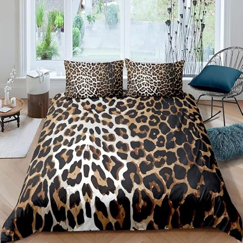 KERRES Bettwäsche 135x200 Leopard Bettbezug Set 2 Teilig Brauner Leopard Microfaser Weich Bettbezüge + 1 Kissenbezug 80x80 cm, mit Reißverschluss DE1631