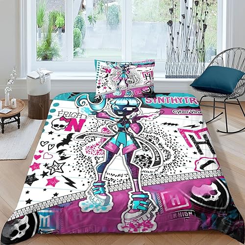 GIOSBR Monster High Für Kinder Mädchen Jungen Bettwäschegarnitur 3D Gedruckter Bettbezug Set Reissverschluss Und Kissenbezüge Bettwäsche Weich Microfaser 2 Teilig Single?135x200cm?