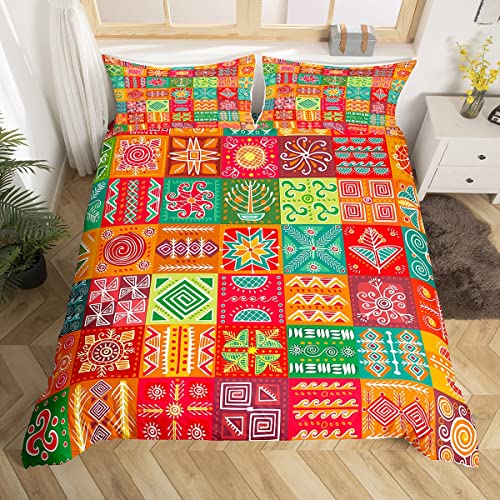 Boho Floral Bettbezug Patchwork Damast Blumen Tröster Cover Geschenke für Frauen Männer, Southwestern Native Azteken Bettwäsche Sets 155x220 Ethnische Tribal Pfeil Exotische Böhmische Dekor, Aquarell