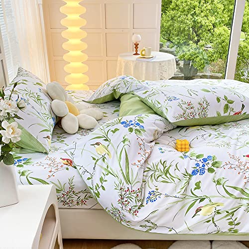 Luofanfei Bettwäsche 135x200 Weiß Grün Blätter Blumen Bunt Pflanzen Bettwäsche Set Mit Vögel Weich Microfaser Botanisch Bettbezug 135 200 Einzelbett und Kissenbezug 80x80 cm mit Reissverschluss