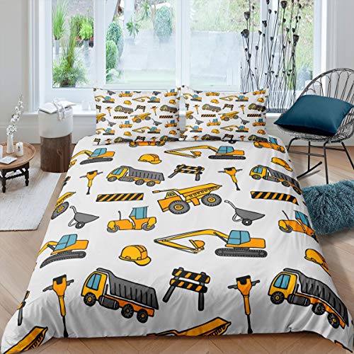 Loussiesd Kinderbau Bettwäschezug Set 135x200cm Karikatur Auto Bedruckt Bettbezug Set Für Kinder Jungen Mädchen 3D LKW Bagger Betten Set Verschiedene Fahrzeuge Schlafzimmer 2St