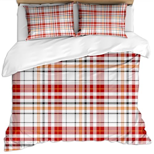 SVTUSR Bettwäsche Set 200X200 3 Teilig Mikrofaser Winter Bettbezug, 3D Rot, Orange Und Weiß Klassisch Kariert Retro Minimalistische Kunst Druck Muster Bettbezüge Mit Reißverschluss Und 2 Kissenbezu