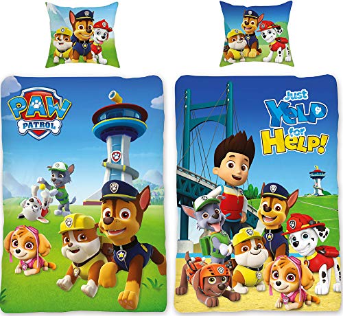 Paw Patrol Bettwäsche Team Blau 135 cm x 200 cm + 80 cm x 80 cm 100% Baumwolle Renforcé-Linon-Qualität Chase Marshall Rocky Zuma Rubble Skye Ryder Wende-Bettwäsche deutsche Größe Reißverschuss