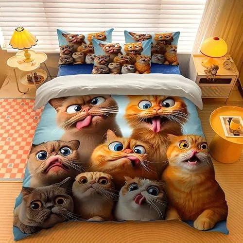 EXSANLIEAY VerrüCkte Katze Bettwäsche-Sets 200x220 cm Lustig Und Süß Bettbezug Kreatives 3D Effekt Weich Microfaser Deckenbezug mit Reißverschluss und 2 Kissenbezug 80x80 cm