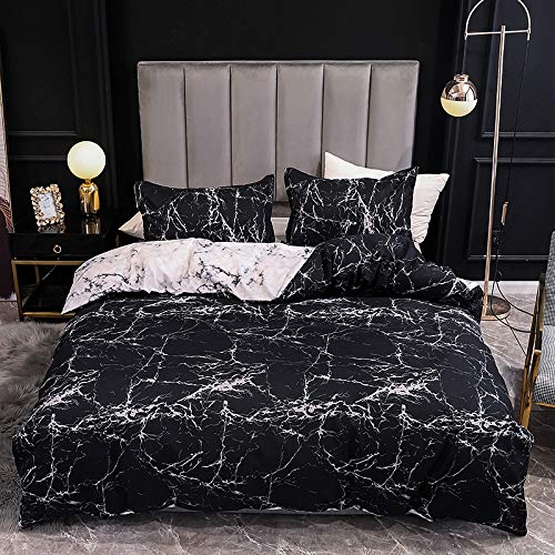 Boqingzhu Bettwäsche 220x240 cm Marmor Optik Schwarz Weiß Bettwäsche Set Microfaser 3 Teilig Wendebettwäsche Doppelbett Bettbezug und 2 Kissenbezüge 80×80cm mit Reißverschluss