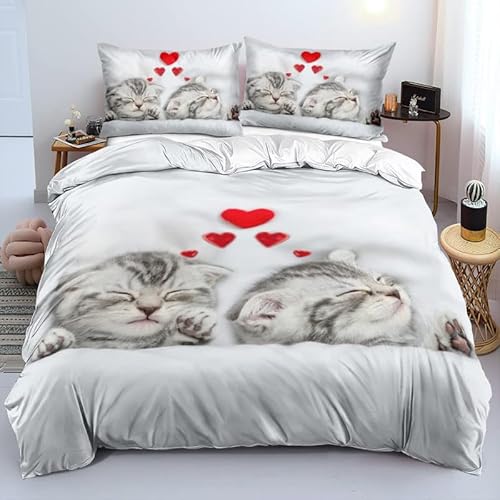 MDKLXIDF Bettwäsche 135x200 Katze Weich Mikrofaser Bettbezug Set Für Jungen Mädchen Einzelbett, Hypoallergen Bettbezüge mit Reißverschluss und 1 Kissenbezug 80x80 cm