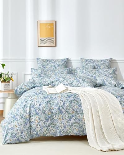 Gezu Bettwäsche Baumwolle 135x200 cm Blau Blätter Blumen Muster Pflanzen Wende Bettwäsche Set Bunt 100% Baumwolle Allergiker Blaues Ölgemälde Weich Bettwäsche mit Reißverschluss und Kissenbezug 80x80