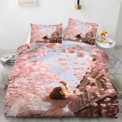 Romantisch Bettwäsche 135x200 Japanische KirschblüTen 3 Teilig Bettbezug Sets mit Reißverschluss Rose Weich Microfaser Bettdeckenbezug und 2 Kissenbezug 80x80 cm