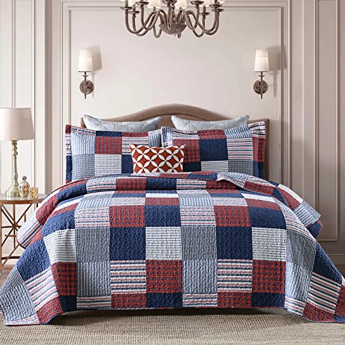 Finlonte Quilt King Size – 100 % Baumwolle King Size Tröster-Set blau rot weiß kariert Bauernhaus Steppdecke Bettwäsche-Set, wendbar, leicht, weiche Tagesdecke, gesteppte Decke, Ganzjahreszeit,