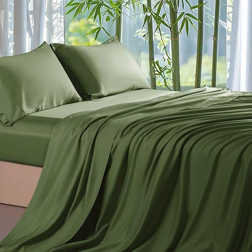 Gezu Bambus Lyocell Tencel Spannbettlaken 200x200cm Grün Olivgrün Betttuch Weich Atmungsaktive Hypoallergen Bambus Laken Bettlaken 200x200 Spannbettlaken Sommer Kühlend für Hohe Matratze bis15-30cm