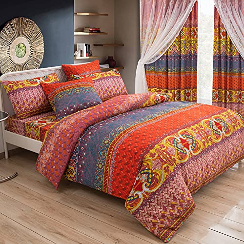 Sedefen Bohemian Bettwäsche 135x200cm Rot Orange Bunt Boho Indischen Vintage Stil Böhmisch Wendebettwäsche Set Renforce Bettbezüge mit Reißverschluss und Kissenbezug 80x80cm