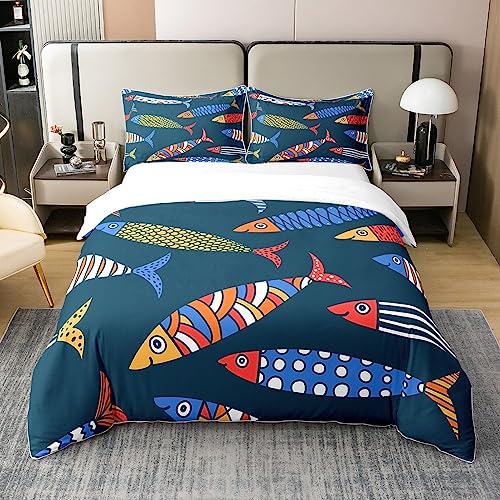 Seetier 100% Baumwolle Bettbezug 135x200,Azteken Regenbogen Fisch Tröster Abdeckung,Tribal Bunte Fisch Quilt Cover,Geometrische Ozean Leben Bettwäsche,Kawaii Cartoon Fisch Bettbezug mit 1 Kissenbezug