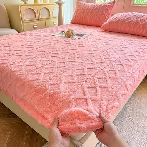 Elastische Spannbettlaken Queen Size Samt Velours Matratzenbezug 25cm Extra Tiefe Tasche rutschfeste Bettwäsche Winter Warm Flauschig Weich für Boxspringbett(Pink,70X78i n/180X200cm)
