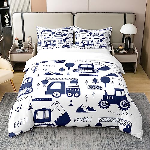 Loussiesd BAU Bettwäsche 100% Baumwolle Bettwäsche Set 135x200cm Ausrüstung LKW Betten Set Cartoon Auto Bagger Traktor Bettbezug Set Blau Weiß Bettbezug Schlafzimmer