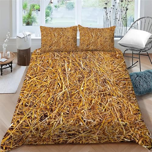 Bettwäsche 200x200 Stroh Bettwäsche-Sets Landhausstil Bettbezug 200 x 200 cm mit Reißverschluss 3D Weiche Mikrofaser Bettbezüge mit 2 Kissenbezüge 80x80 cm B-2995