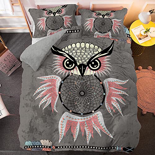 YYZBS BettwäSche 200x220 graue Cartoon-Eule Hypoallergener Bettbezug Aus Mikrofaser?BettwäSche-Se t Mit ReißVerschluss ?200x220cm Und 2 Kissenbezug 80x80?Geeignet FüR Erwachsene Und Kinder